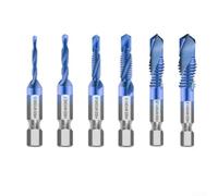 Lot de 6 forets et tarauds HSS avec revêtement bleu, filetage métrique pour bois, aluminium, métal doux, tige hexagonale 1/4 pour tâches de filetage