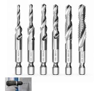 Lot de 6 Forets Taraudeur Combiné et Taraud, Outil Perçage Kit Taraudage Métal M3 M4 M5 M6 M8 M10 avec Tige Hexagonale 6 mm Multifonction, Perçage et Filetage Simultané, Outils Précision Bricolage
