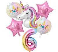 Lot de 6 grands ballons en aluminium avec licorne 3D, chiffre 6, étoiles et cœurs pour décoration de fête d'anniversaire de fille