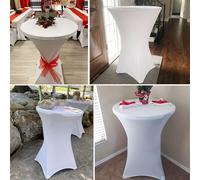 Lot de 6 housses extensibles blanches pour tables de bistrot, Ø 80-85 cm, Élasthanne, housse de table extensible, renfort au niveau des pieds, pour mariages, anniversaires, banquets, tables de bar et