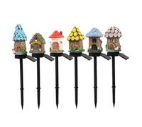 Lot de 6 lampes solaires sur piquet de jardin avec motifs de maison de fées en résine, collecteurs de soleil intégrés et piquets de sol pour parterres de fleurs, bordures d'allée et décoration de