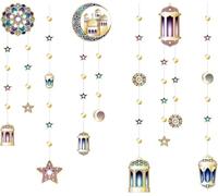 Lot de 6 lanternes Brillantes en Forme de Croissant de Lune et d'étoiles pour décoration de fête du Ramadan à Suspendre avec Lune, étoiles, Banderole, décorations islamiques, Anniversaire, Mariage,