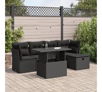 Lot de 6 meubles de jardin avec coussins en rotin synthétique noir avec plateau réglable et compartiment de rangement imperméable, cadre en acier revêtu par poudre, housse amovible lavable