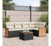 Lot de 6 meubles de jardin avec coussins, rotin synthétique noir, loisirs modulaires avec plateau en bois d'acacia et compartiment de rangement, housse de coussin lavable amovible