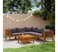 Lot de 6 meubles de jardin en bois d'acacia massif avec coussins et table basse à lattes, salon modulaire pour jardin et patio.