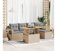 Lot de 6 meubles de jardin en polyrotin beige avec coussins, plateau de rangement réglable modulaire et compartiment de rangement, housse lavable amovible.