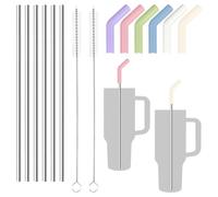 Lot de 6 Pailles En Acier Inoxydable avec Embout D'Extension En Silicone, 30cm Paille Metal avec 2 Brosse de Nettoyag, sans BPA, pour Cocktails, Lait Glacé, Milkshakes, Café Glacé, Thé, Droites