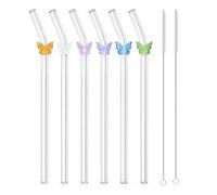 Lot de 6 Pailles en Verre Réutilisables Longues 20cm, Pailles en Verre Incassable en Borosilicate avec Brosse de Nettoyage, Motif Papillon, Adaptées pour Bubble Tea, Smoothies, Cocktails, Jus