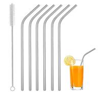 Lot de 6 pailles et brosses en acier inoxydable - Réutilisables, en métal, idéales pour smoothie, eau, jus, milkshake, design incurvé argenté (6 pailles - 1 brosse)