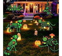 Lot de 6 panneaux de décoration phosphorescents avec tête de mort en sucre | Panneau squelette chat chien chauve-souris oiseau pelouse panneaux avec piquets et cordes de suspension pour jardin, mur