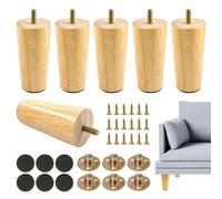 Lot de 6 pieds de meubles ronds en bois de chêne massif - 12 cm - Pieds de table coniques de rechange - Pieds en bois pour meubles avec plaques de montage, vis et patins en feutre pour table, canapé