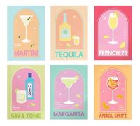 Lot De 6 Posters Imprimés Sur Toile-Format A4-Recettes De Cocktail Colorées-Art Mural Moderne-Pour Cuisine,Bar,Salon,Salle À[CA30]
