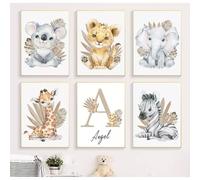 Lot de 6 Posters Personnalisé Garcon Fille Affiche Prenom Décoration Chambre Enfant Tableau Animaux Murale Toile 30x40cm sans Cadre