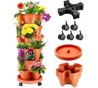 Lot de 6 Pots de Fleurs Empilable, Jardinière en Tour,Pot de Fleurs Design, Couleur Terre Cuite,avec roulettes pour Herbes et
