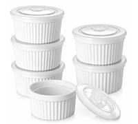 Lot de 6 Ramequin Creme Brulee,240ml Ramequins et Moules à Soufflés en Porcelaine,Moules à soufflé,lave-vaisselle,Ramequins en Céramique,pour Crème Brûlée,Soufflés et Desserts,Blanc (Avec Couvercles)