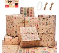 Lot de 6 rouleaux de papier cadeau d'anniversaire recyclable avec ruban adhésif double face et corde de paille de 10 m, 70 x 50 cm