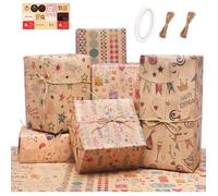 Lot de 6 rouleaux de papier cadeau d'anniversaire recyclable avec ruban adhésif double face et corde de paille de 10 m,70 x 50 cm