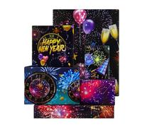 Lot de 6 rouleaux de papier cadeau « Happy New Year » pour homme et femme, motif feux d'artifice, ballons champagne, grande roue, papier cadeau, papier cadeau plié sur le thème du Nouvel An, pour Noël