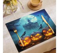 Lot De 6 Sets De Table De Corbeaux Maison Hantée Lanterne Citrouille, 30 X 45 Cm, Lavables, pour Vacances, Hiver, Banquet, Cuisine, Décoration De Fête,Bleu Foncé