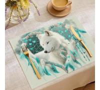 Lot de 6 Sets de Table Imprimés Amour Attrape-Rêves Loup Blanc en Lin Coton, Lavables, Décoration de Animaux Compagnie Mignons Bohèmes Table pour Cuisine, Salle à Manger et Restaurant