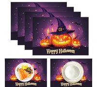 Lot De 6 Sets De Table - Lanterne Bougie Citrouille,Halloween Et Horreur - 45 X 30 Cm - Sets De Table De Vacances - Lavables - Décoration pour Cuisine, Fête,Violet Clair