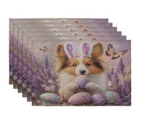 Lot de 6 sets de table lavables pour le printemps, Pâques, motif chien berger shetland, 30,5 x 45,7 cm, jolis œufs de lavande, pour salle à manger, animaux domestiques, décoration de la maison et de