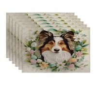Lot de 6 sets de table lavables pour salle à manger, vacances, maison, cuisine, printemps, Pâques, Shetland, berger, 30,5 x 45,7 cm, motif imprimé floral