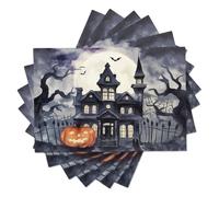 Lot De 6 Sets De Table - Maison Hantée Arbre Mort Lanterne Citrouille,Maison Hantée Gothique - 45 X 30 Cm - Sets De Table De Vacances - Lavables - Décoration pour Cuisine, Fête,Gris Argenté