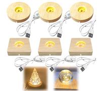 Lot de 6 socles LED en bois, 3 ronds + 3 rectangles d'éclairage en bois réglables, 3 couleurs en bois, support USB pour boules de cristal, verre, bijoux, acrylique et résine