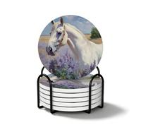 Lot de 6 sous-verres circulaires Motif champs de lavande Peinture à l'huile Cheval blanc