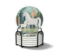 Lot de 6 sous-verres circulaires Motif château de forêt cheval blanc