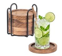 Lot de 6 sous-Verres Relaxdays, Ø 10 cm, Bois d'acacia, pour Verres, avec Support, Rebord surélevé, Naturel/Noir