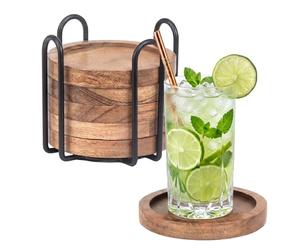 Lot de 6 sous-Verres Relaxdays, Ø 10 cm, Bois d'acacia, pour Verres, avec Support, Rebord surélevé, Naturel/Noir