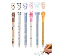 Lot de 6 stylos à bille effaçables, avec bille à l'extrémité pour enlever l'encre, stylos gel effaçables 0,7 mm, différents motifs d'animaux et couleurs d'encre, singe, éléphant, panda, lapin, lion