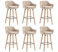 Lot de 6 Tabourets de Bar, avec Dossier et Repose-Pieds, Chaise Haute et Rembourrée, Surface en Lin, Hauteur d’Assise de 64 cm, Pieds en Bois Massif, en Tissu matelassé, élégant