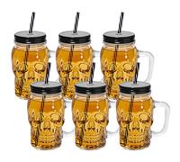 Lot de 6 tasses en verre avec poignée Motif tête de mort 473 ml | Tasses en verre en forme de tête de mort pour mélange de cocktails, bière, couvercle et paille, design en forme de crâne