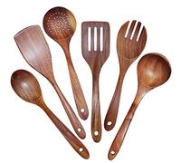 Lot de 6 Ustensiles de Cuisine en Bois de Teck Naturel - Grande Taille, Antiadhésifs, Cuillères, Spatule, Passoire - Durables