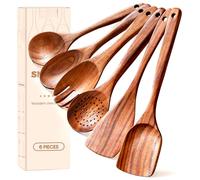 Lot de 6 ustensiles en bois de teck naturel pour la cuisine - Résistants à la chaleur - Spatules naturelles et saines avec trous de suspension - Durable, anti-rayures et fabriqué à la main