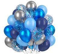 Lot de 60 ballons bleu marine argenté métallisé, bleu clair, confettis bleus, ballons à l'hélium, ballons métalliques argentés, en latex pour homme, anniversaire, mariage, fête, remise de diplôme