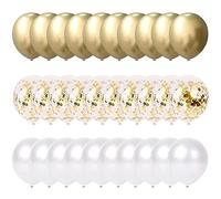 Lot de 60 ballons en latex à confettis - à l’hélium - Décorations pour mariage, anniversaire, fête prénatale - 30 cm, dorés métallisés et blancs
