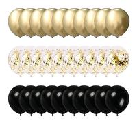Lot de 60 ballons en latex à confettis - à l’hélium - Décorations pour mariage, anniversaire, fête prénatale - 30 cm, noirs et dorés métallisés