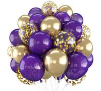 Lot de 60 ballons violets et dorés de 30,5 cm, confettis métallisés avec rubans pour filles, femmes, anniversaire, mariage, remise de diplôme