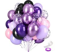 Lot de 60 ballons violets roses noirs - Ballons d'anniversaire rose violet - Ballons avec confettis - Ballons métalliques violet pastel - Pour femme - Décoration de fête d'anniversaire