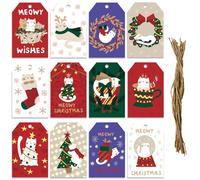 Lot de 60 étiquettes cadeaux de vacances avec corde de chanvre, motif chat de Noël, 12 motifs, étiquettes décoratives pour papier cadeau, décoration d'arbre de Noël, Nouvel An
