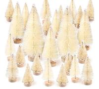 Lot de 60 Mini sapins de Noël artificiels en sisal avec Brosse à Bouteille, décorations avec Base en Bois pour fête de Noël, décoration d'intérieur (4 Tailles, Blanc)