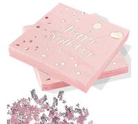 Lot de 60 serviettes d'anniversaire en papier or rose, 33 x 33 cm, avec table à confettis, pour femme et fille, décoration de fête d'anniversaire