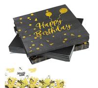 Lot de 60 serviettes d'anniversaire noir et doré 33 x 33 cm Avec table à confettis Pour fille et garçon Décoration de fête