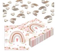 Lot de 60 serviettes en papier bohème arc-en-ciel - Décoration de table pour baptême, communion, anniversaire d'enfant - Avec confettis en bois - Décoration de table pour garçon/fille