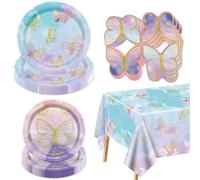 Lot de 61 décorations en forme de papillon - Assiettes, serviettes et nappes pour fête de fées, fournitures d’anniversaire pour 20 personnes