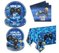 Lot de 61 fournitures de fête de jeu vidéo pour 10e anniversaire - Assiettes en carton - Serviettes en papier - Nappe de jeu vidéo - Cadeaux de fête pour garçon - 10e anniversaire - Pour 20